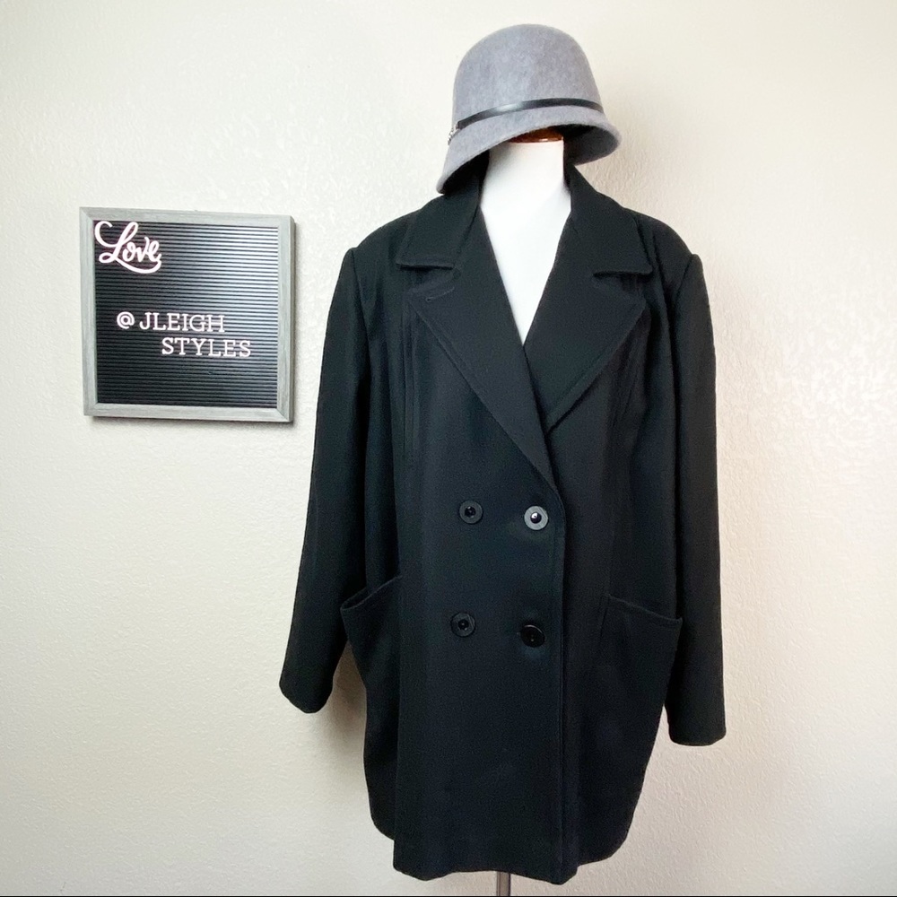 Vintage 70’s ILGWU Black Wool Double Breasted Pea Coat XL - Picture 1 of 11